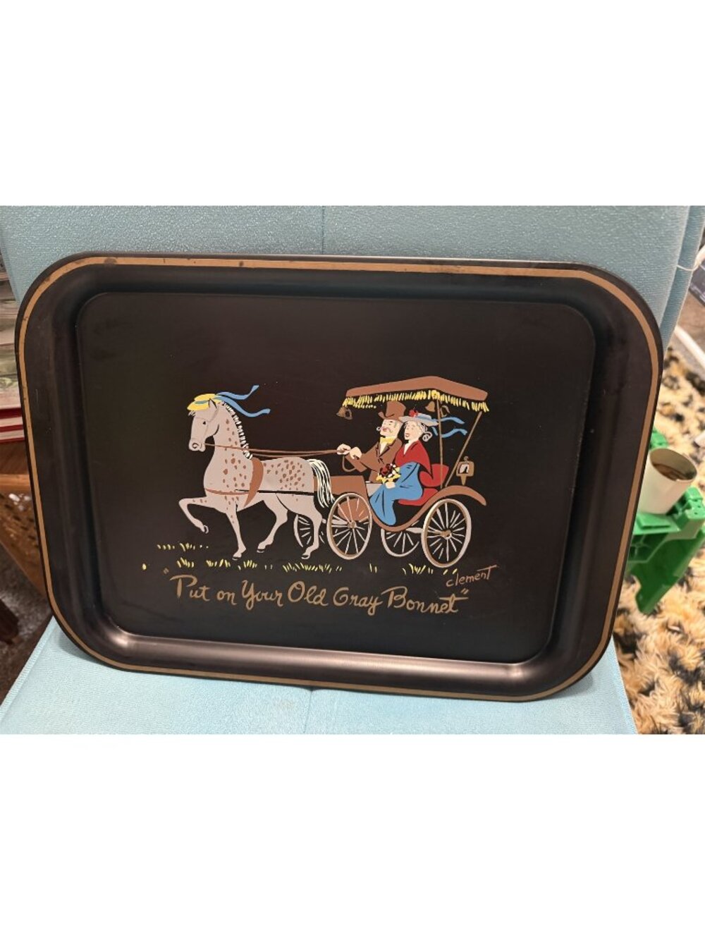 Vintage Hand Painted Artist Signed Tole Tray With Gray Horse Drawn Carriage